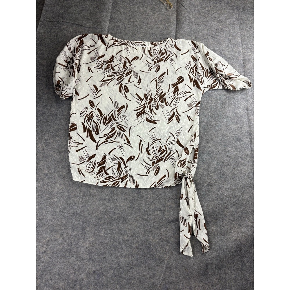 Shapely Vintage Side Tie Blouse Brown White Abstract Floral Print Short Sleeve P